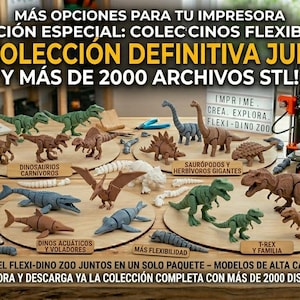 Puede incluir: Una colección de modelos de dinosaurios impresos en 3D en varios colores, incluyendo verde, marrón y azul. La imagen presenta una variedad de tipos de dinosaurios, incluyendo T-Rex, dinosaurios acuáticos y reptiles voladores. El texto dice "FLEXI-DINO ZOO" y "2000+ STL FILES".