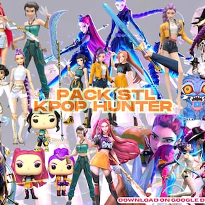 May include: A collage of various figurines and dolls, including action figures and Funko Pop figures. The figures are of different sizes and feature a variety of outfits and poses. The text "PACK STL KPOP HUNTER" is displayed prominently.