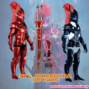 May include: A red and black armored suit with a helmet and decorative elements. The image also shows disassembled armor pieces. The text "STL ARMADURA DE IGRIS" is visible at the bottom of the image.