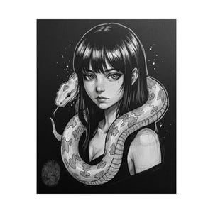 May include: A monochrome illustration of a person with long, dark hair and a snake coiled around their neck. The snake features a patterned design. The person is looking directly at the viewer. The background is black.