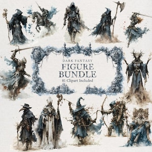 May include: A digital collection of dark fantasy character illustrations featuring warriors, mages, and hooded figures in watercolour style. The central text reads DARK FANTASY FIGURE BUNDLE 81 Clipart Included, framed by an ornate blue decorative border.