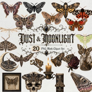 May include: A digital collection of 20 moth illustrations titled Dust & Moonlight, featuring various moth species, a skull, a lit candle, a key, a rose, a crescent moon, and a framed specimen, all rendered in detailed, earthy, and dark tones.
