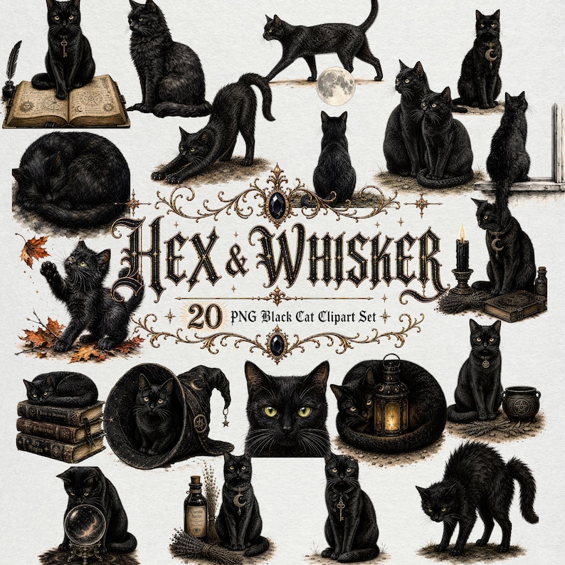 Black Cat Clipart Bundle, 20 PNG Witchy Set, Gothic Familiar Junk ...
