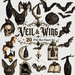 May include: A digital collection of 20 bat-themed illustrations titled VEIL & WING. The set features various bats in flight, hanging from branches, perched on a skull, inside a birdcage, on an open book, and near a crescent moon and lantern.