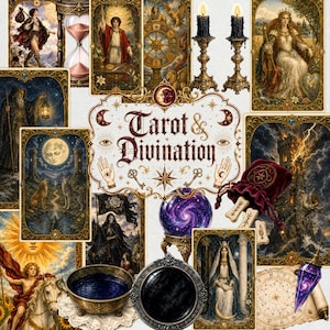 Könnte beinhalten: Eine Sammlung von Illustrationen zum Thema Tarot und Wahrsagerei mit Tarotkarten, einer violetten Kristallkugel, schwarzen Kerzen in goldenen Haltern, einem dunkelroten Samtbeutel mit Runen, einem schwarzen Skrying-Spiegel und dem Text Tarot & Divination.