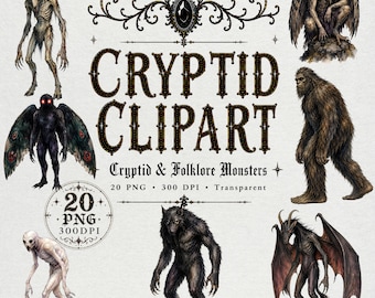 Cryptid Folklore Monster Clipart Set, 20 Watercolor PNG, Dark Gothic Horror (Digital Download)