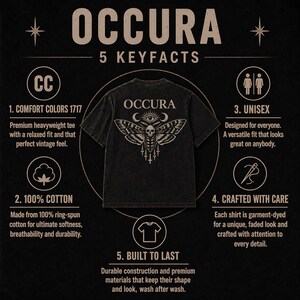 May include: A black t-shirt featuring a graphic of a moth with a skull on its back, an eye, and crescent moons. The text OCCURA is printed above the moth. The image includes five key facts about the garment, detailing its cotton material, unisex fit, and construction.
