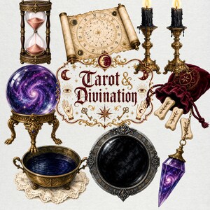 May include: A collection of divination items including an hourglass, a scroll with zodiac symbols, two black candles in gold holders, a purple galaxy crystal ball, a dark red velvet pouch with runes, a bowl of dark liquid, and a purple crystal pendulum.