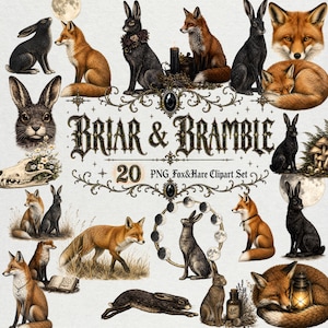 Fox Hare Clipart Bundle, 20 PNG Witchy Forest Set, Cottagecore Familiar Junk Journal Kit, Gothic Animal Art, Commercial Use