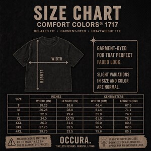May include: A black Comfort Colors 1717 t-shirt size chart on a dark background. It displays width and length measurements in inches and centimeters for sizes S through 4XL, noting garment-dyed variations and a potential variance of 1 inch.