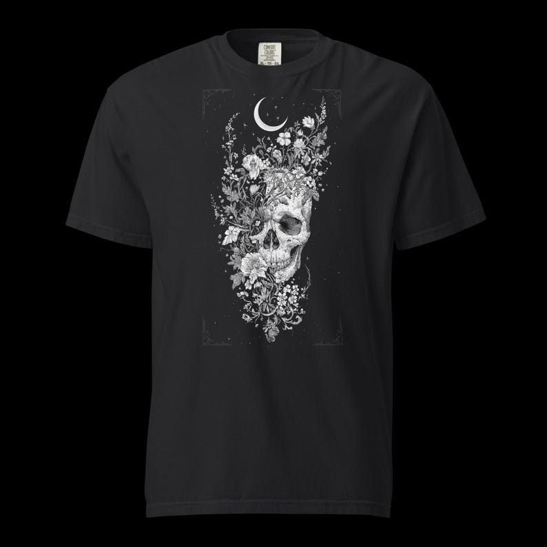 Floral Skull Crescent Moon Shirt, Dark Cottagecore Wildflower Graphic Tee, Witchy Alt Clothing, Comfort Colors Goth Gift