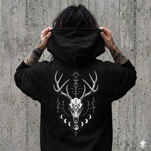 Stag Skull Pentagram Hoodie, Moon Phase Pagan Sigil Pullover, Wiccan Goth Sweater, Heavy Blend Gift