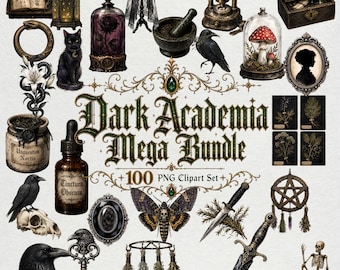 Dark Academia Clipart Mega Bundle, 100 PNG Gothic Set, Raven Apothecary Victorian Mourning Junk Journal Kit, Commercial Use