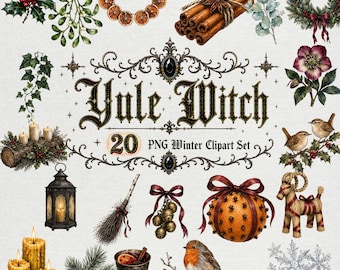 May include: A digital collection of 20 winter-themed illustrations titled Yule Witch, featuring holly, mistletoe, dried orange slices, cinnamon sticks, a wreath, candles, a lantern, a broom, bells, a pomander, a straw goat, and birds.