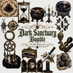 Puede incluir: Una colección digital de 20 imágenes prediseñadas PNG titulada Dark Sanctuary Bundle, que presenta ilustraciones de una vela negra, reloj de arena, caldero, candelabro, cuenco de cristal, brújula, hamsa, pentagrama, cráneo, sello, daga y runas.