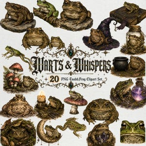 May include: A digital collection of 20 toad and frog illustrations titled Warts & Whispers. The set features various amphibians in natural settings, with magical accessories like a witch hat, potion bottles, a cauldron, and a candle.