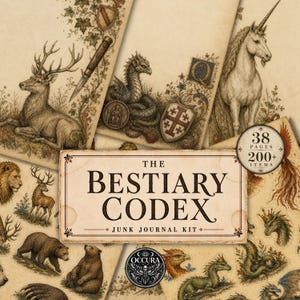 May include: A junk journal kit titled The Bestiary Codex featuring 38 pages and 200+ items. The paper sheets display vintage-style illustrations of a deer, unicorn, dragon, bears, and heraldic shields on a beige, parchment-like background.