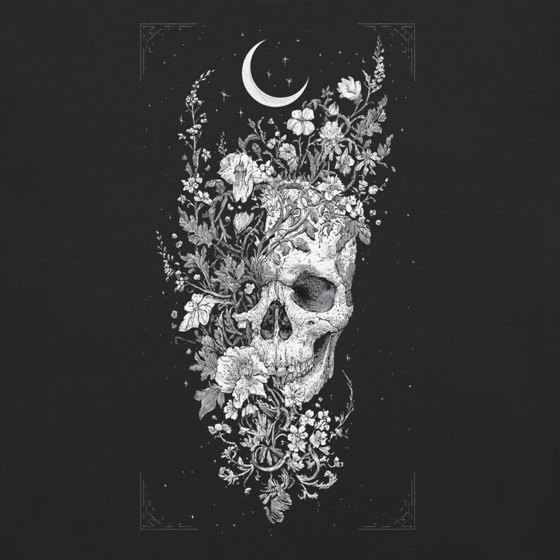 Floral Skull Crescent Moon Shirt, Dark Cottagecore Wildflower Graphic Tee, Witchy Alt Clothing, Comfort Colors Goth Gift