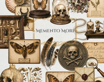 Memento Mori Clipart Bundle PNG | 20 Dark Watercolor Gothic Specimens Naturalist Cabinet | Dark Academia Junk Journal | Commercial Use