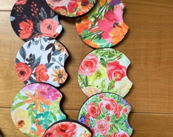 Posavasos de neopreno con estampado floral para coche, portavasos de estilo rústico moderno (juego de 2)