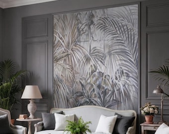 Luxury Neutral Botanical Wallpaper With Palm Leaves, Hand Painted Wallpaper Panels For Modern Spaces