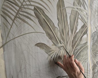 Neutral Palm Leaves Botanical Wallpaper For Statement Walls, Designer Look Hand Painted On Panels