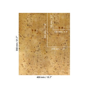 May include: A rectangular slab of beige stone with a mottled, porous texture. White lines indicate dimensions of 550 mm / 21.7 inches by 400 mm / 15.7 inches, with an inner section measuring 300 mm / 11.8 inches by 200 mm / 7.9 inches and 150 mm / 5.9 inches.