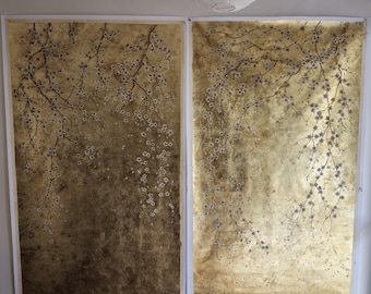 Restaurant And Café Feature Wall, Hand Painted Gold Floral Mural With Botanical Branches