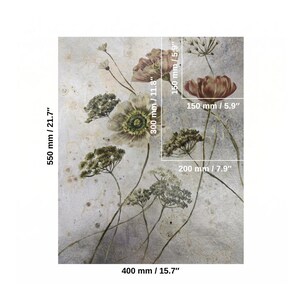 May include: Floral wall art print featuring a botanical design. The artwork showcases a muted color palette with beige, brown, and green tones. The print measures 550 mm / 21.7" high and 400 mm / 15.7" wide.