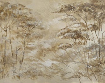 Hand-Painted Beige Meadow Wallpaper Panel For Modern Homes, Premium Minimal Botanical Wallpaper Mural In Warm Neutrals