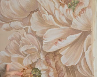 Hand-Painted Peony Wallpaper In Beige And Ivory Tones For A Statement Wall
