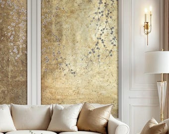 Hand Painted Gold Botanical Wall Mural For Reception And Studio Accent Walls