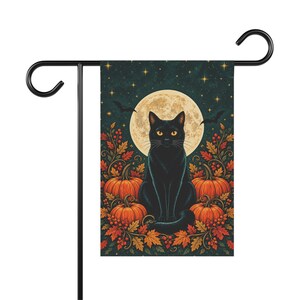 Bandera de jardín de Halloween con gato negro, luna llena y calabazas, doble cara.