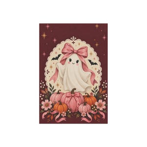 Bandiera da giardino Pink Bow Ghost, zucche e fiori di Halloween, bifacciale