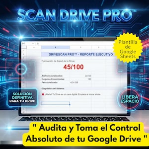 Può includere: Un laptop mostra un rapporto DriveScan Pro con un punteggio di 45/100. Lo schermo mostra i file analizzati e le dimensioni. Il testo include "Soluzione per il tuo drive" e "Verifica e prendi il controllo assoluto del tuo Google Drive."