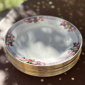 Op de afbeelding: Een stapel witte keramische borden met een bloemenrand met roze, rode, blauwe en gele bloemen. De borden hebben een gouden rand en een decoratieve paarse band. De borden zijn gestapeld op een bruin oppervlak.