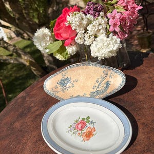 Könnte beinhalten: Zwei ovale Keramikplatten mit floralen Designs. Die untere Platte hat eine weiße Mitte mit einem blauen Rand und einem Blumenarrangement aus rosa, orangefarbenen und blauen Blumen. Die obere Platte hat einen beigen Hintergrund mit blauen Blumenmustern. Eine Vase mit Blumen ist im Hintergrund.