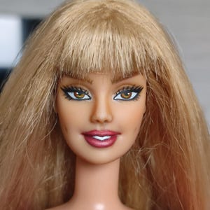 May include: Close-up of a doll's face with blonde hair and bangs. The doll has brown eyes with black eyeliner, a pink lipstick, and a fair complexion. The doll is wearing a pink top.