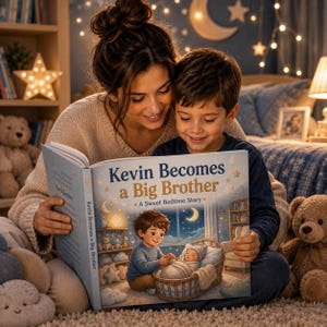 Pode incluir: Um livro infantil de capa dura intitulado Kevin Becomes a Big Brother: A Sweet Bedtime Story. A capa apresenta uma ilustração de um menino olhando para um bebê em um berço, sob um céu noturno com uma lua crescente e estrelas.