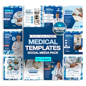 May include: A collection of blue and white social media templates for medical services. The templates include images of doctors, medical equipment, and text such as "Medical Service", "Health is Happiness", and "Edit in Canva".