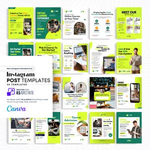 Op de afbeelding: Een verzameling Instagram post templates in groen en wit, die online cursussen promoten. De templates bevatten teksten als "Virtual Learning Experience" en "Online Courses at Your Time!". Het Canva logo is zichtbaar.