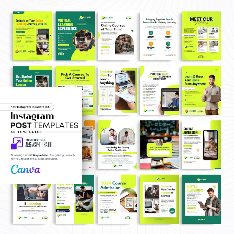 Op de afbeelding: Een verzameling Instagram post templates in groen en wit, die online cursussen promoten. De templates bevatten teksten als "Virtual Learning Experience" en "Online Courses at Your Time!". Het Canva logo is zichtbaar.