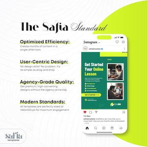 Op de afbeelding: Promotieafbeelding voor Safia-sjablonen, met een smartphone die een Instagram-post weergeeft met de tekst "Get Started Your Online Lesson". Het ontwerp benadrukt geoptimaliseerde effici&euml;ntie, gebruikersgericht ontwerp en bureaukwaliteit.