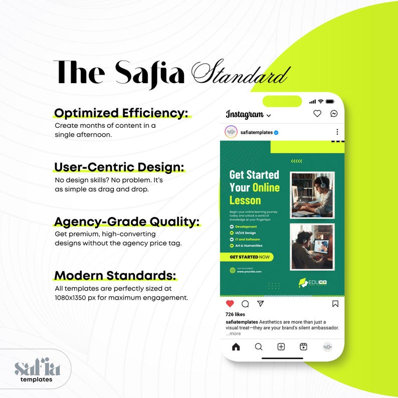 Op de afbeelding: Promotieafbeelding voor Safia-sjablonen, met een smartphone die een Instagram-post weergeeft met de tekst "Get Started Your Online Lesson". Het ontwerp benadrukt geoptimaliseerde effici&euml;ntie, gebruikersgericht ontwerp en bureaukwaliteit.