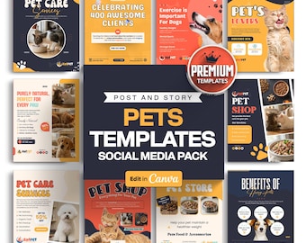 Canva-sjablonen voor dierenwinkels | 40 berichten + 40 verhalen | Socialmediabundel | Direct downloaden