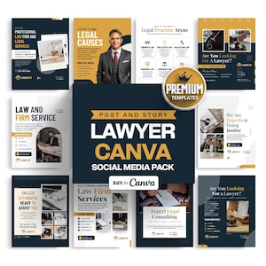 May include: A collection of social media templates for lawyers, featuring a dark blue and gold color scheme. The templates include various designs with text such as "Lawyer Canva Social Media Pack" and "Expert Legal Consulting."