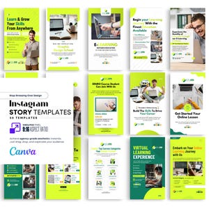 Op de afbeelding: Een verzameling Instagram Story-sjablonen in groen en wit, die online leren en vaardigheidsontwikkeling promoten. De sjablonen bevatten tekst als "Leer & ontwikkel je vaardigheden overal" en "Instagram STORY TEMPLATES".