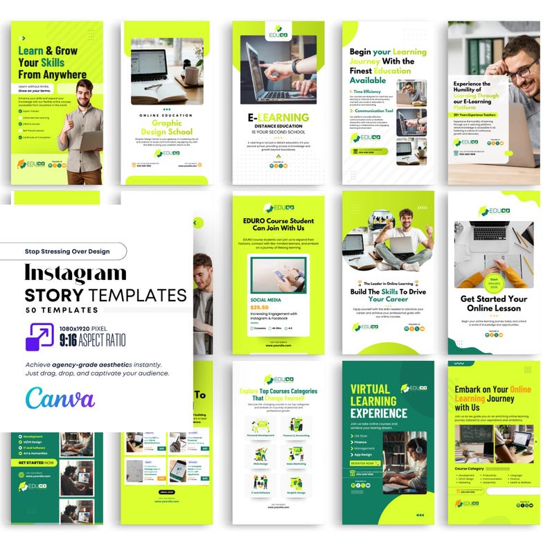 Op de afbeelding: Een verzameling Instagram Story-sjablonen in groen en wit, die online leren en vaardigheidsontwikkeling promoten. De sjablonen bevatten tekst als "Leer & ontwikkel je vaardigheden overal" en "Instagram STORY TEMPLATES".