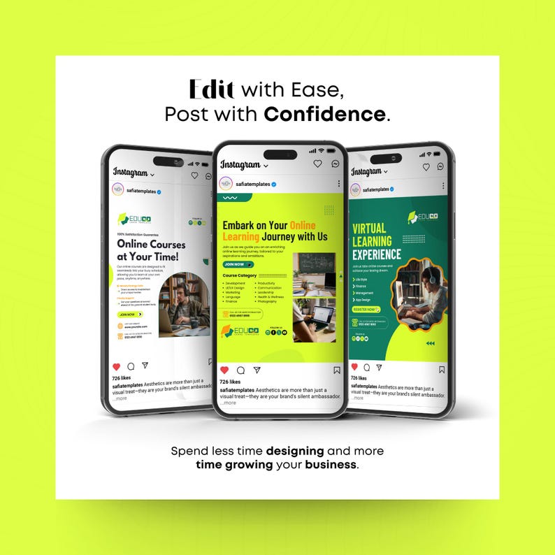 Op de afbeelding: Drie smartphones tonen Instagram-berichten die online leren promoten. De berichten adverteren online cursussen, virtueel leren en een leertraject. Tekst bevat "Edit with Ease, Post with Confidence" en "Spend less time designing and more time growing your business."
