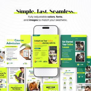 Op de afbeelding: Een digitale marketingafbeelding met de tekst "Simple. Fast. Seamless." en "Embark on Your Online Learning Journey with Us." De afbeelding toont een smartphone-mockup met verschillende cursus sjablonen in groen en wit.